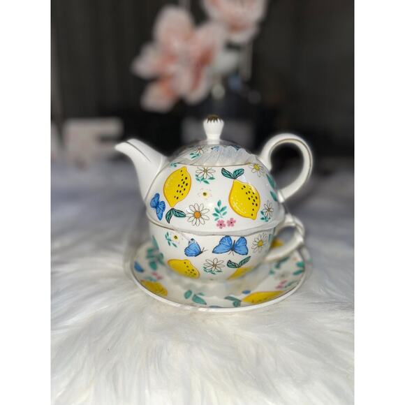 Grace's Teaware Lemons & Blue Butterflies Stacking Teapot & Teacup and Saucer - Picture 2 of 10